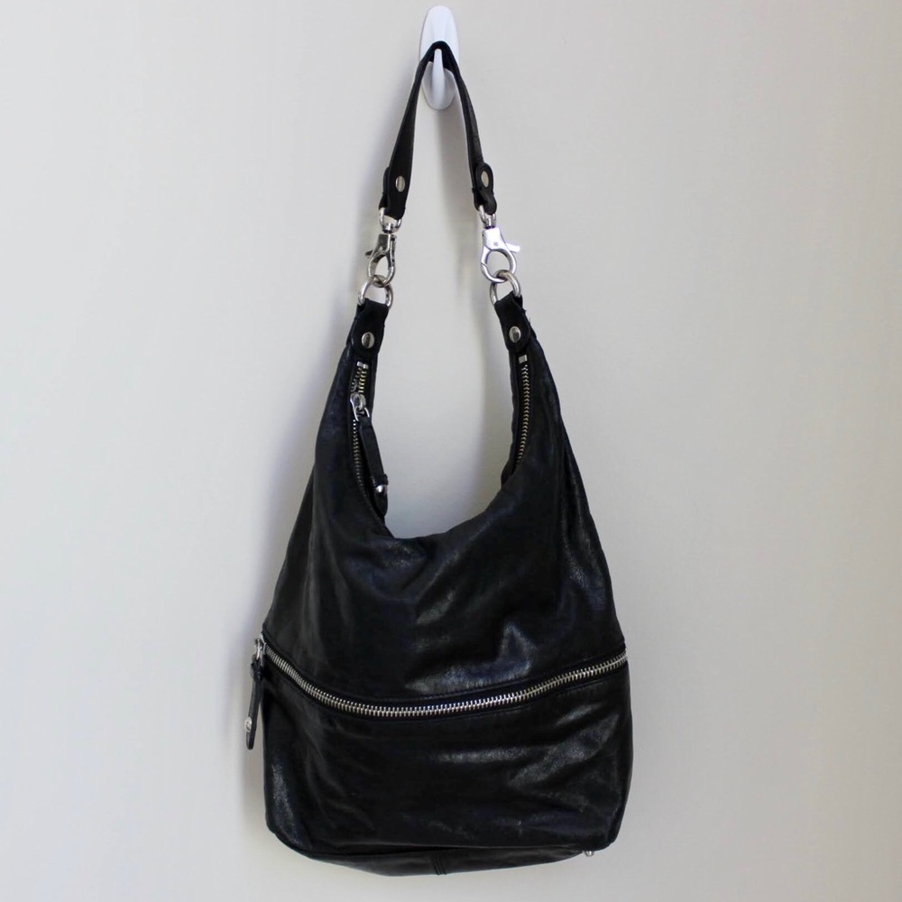 HOBO Black Leather Tote Bag with Silver Zippers